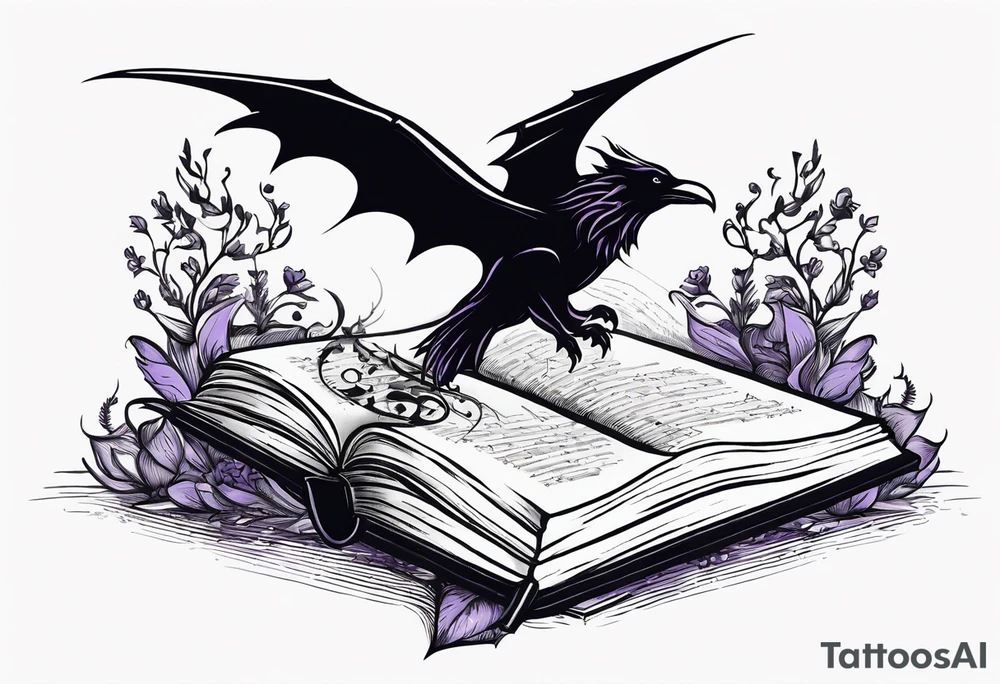 an open book with a dragon flying over, a pawn chess piece to the right, a single music note just above, a raven perched on the book corner with a sprig of lavender in its mouth tattoo idea