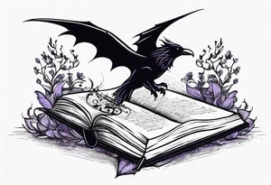 an open book with a dragon flying over, a pawn chess piece to the right, a single music note just above, a raven perched on the book corner with a sprig of lavender in its mouth tattoo idea