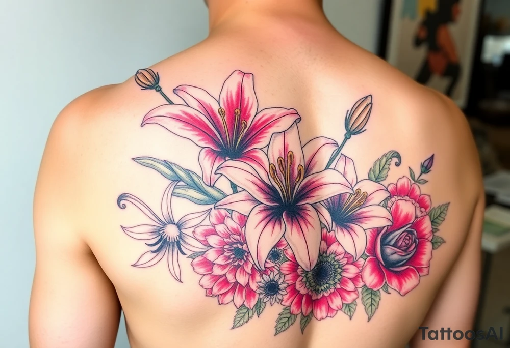 Arm sleeve 6 fully bloomed, stargazer lilies with 2 budded lilys pink red and yellow roses hydrangea and sunflowers filling area around lilys bright and colorful tattoo idea