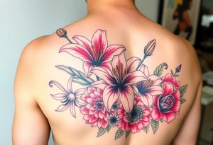 Arm sleeve 6 fully bloomed, stargazer lilies with 2 budded lilys pink red and yellow roses hydrangea and sunflowers filling area around lilys bright and colorful tattoo idea