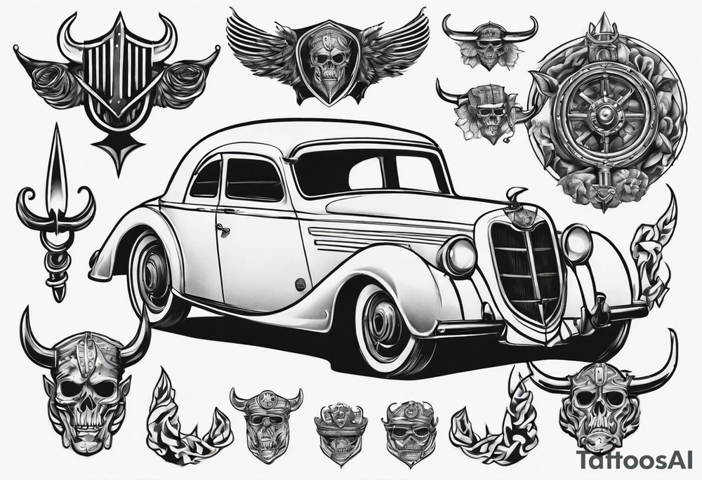 Vintage classic car with viking coming from the bonnet tattoo idea