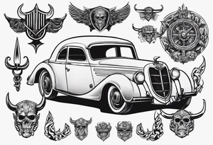 Vintage classic car with viking coming from the bonnet tattoo idea
