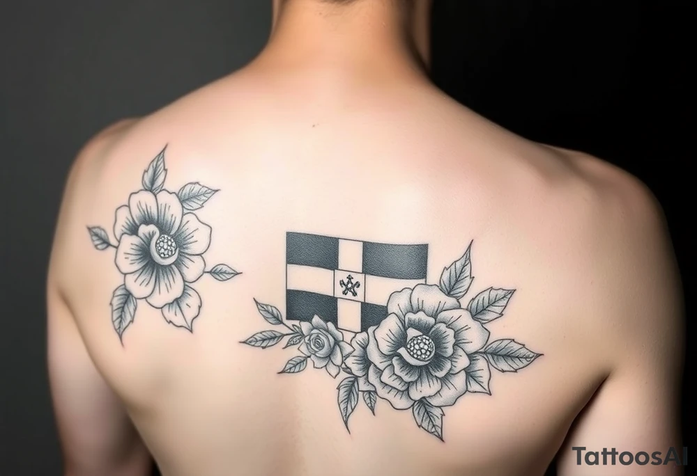 Make me a sleeve with flowers being the base having my zodiac sign Virgo, Dominican flag in color, something symbolizing nyc, my parents birthday on Roman numerals 1/10/1980 and 1/18/1984 tattoo idea