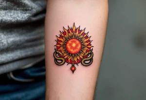 A sun disk of Ra in fiery red and amber, crowned by two protective cobras. tattoo idea