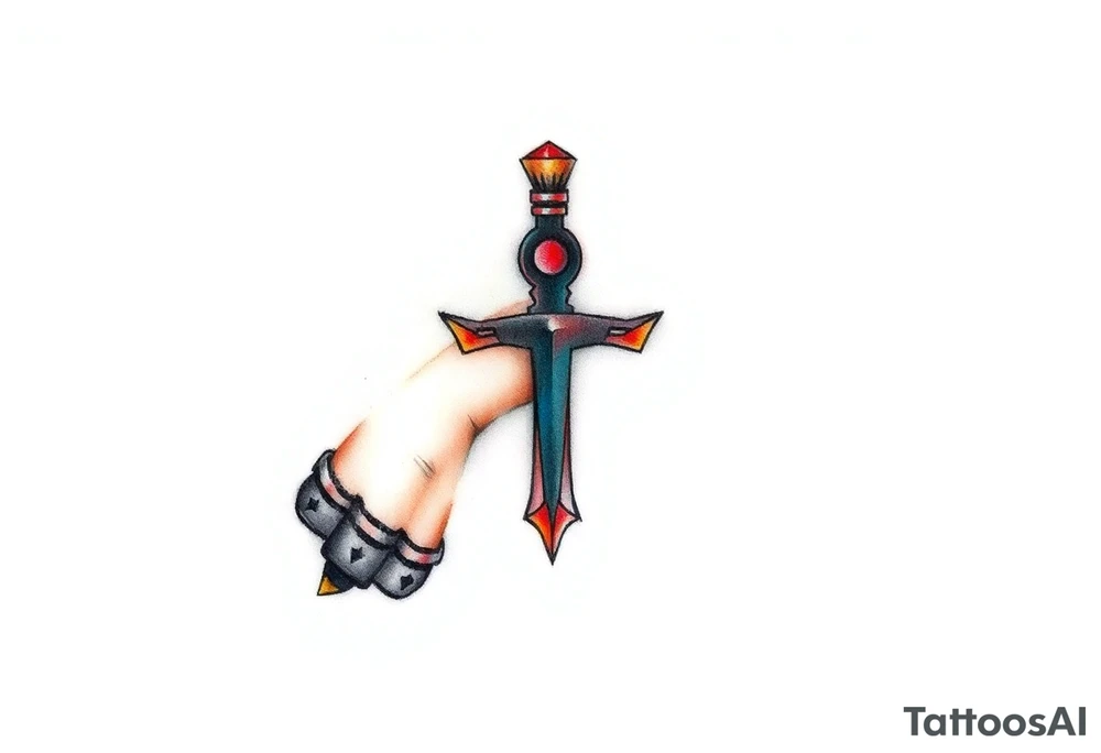 A Hand Holding an Ankh with a Name Written Inside(only red , blue and black are possible colors) tattoo idea