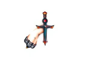 A Hand Holding an Ankh with a Name Written Inside(only red , blue and black are possible colors) tattoo idea