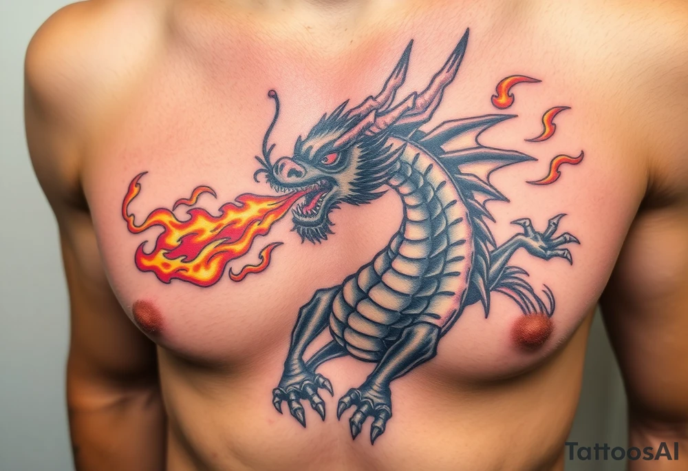 fierce dragon breathing iridescent fire against stormy skies tattoo idea