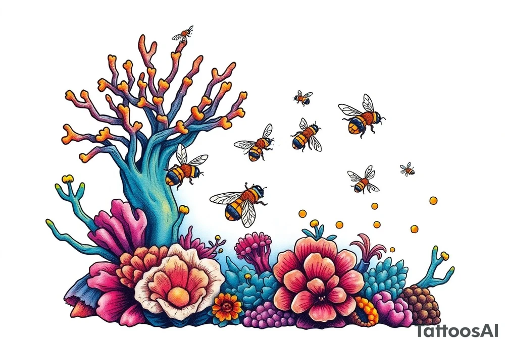 Coral reef scene with honey bees swimming tattoo idea
