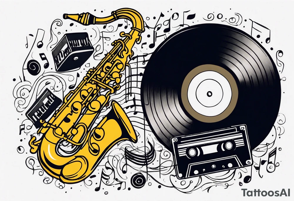music notes surrounded by a record, a cassette tape, and saxophone parts tattoo idea