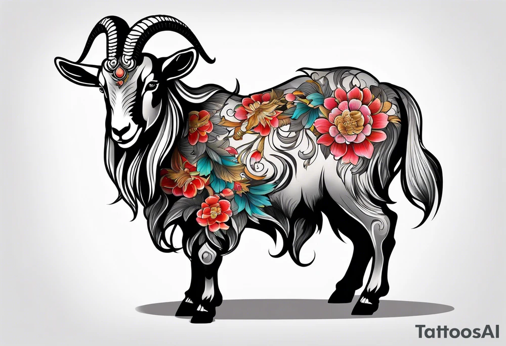 traditional chinese style goat with full body tattoo idea