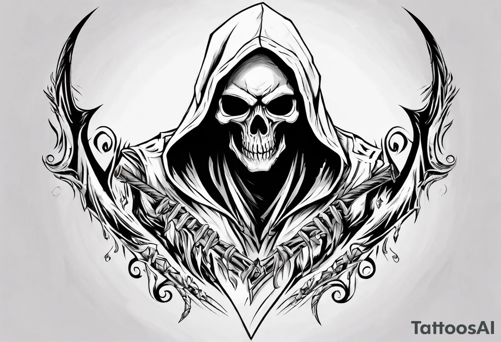 hooded reaper upper body, no skull tattoo idea