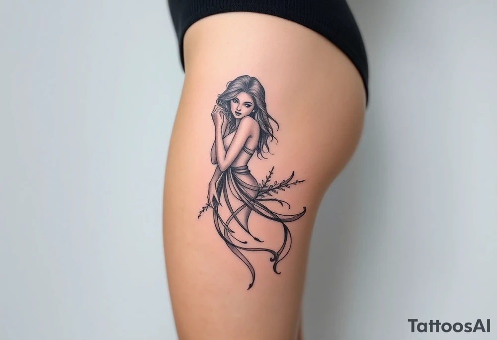Full thigh tattoo with a sexy fantasy girl tattoo idea