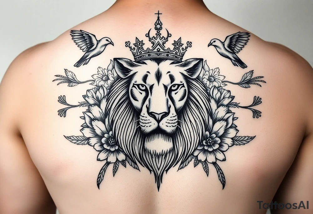 powerful majestic lion with a crown, surrounded by floral ornaments and birds tattoo idea