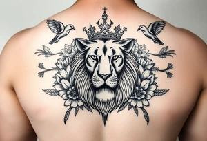 powerful majestic lion with a crown, surrounded by floral ornaments and birds tattoo idea