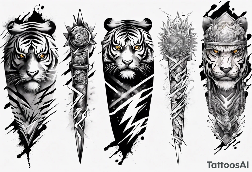 Tiger Warrior sleeve tattoo with lightning and the sun
Forearm sleeve tattoo idea
