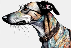 A brindle greyhound with an obnoxiously long snoot and tiny buck teeth drawn in a minimalist style tattoo idea