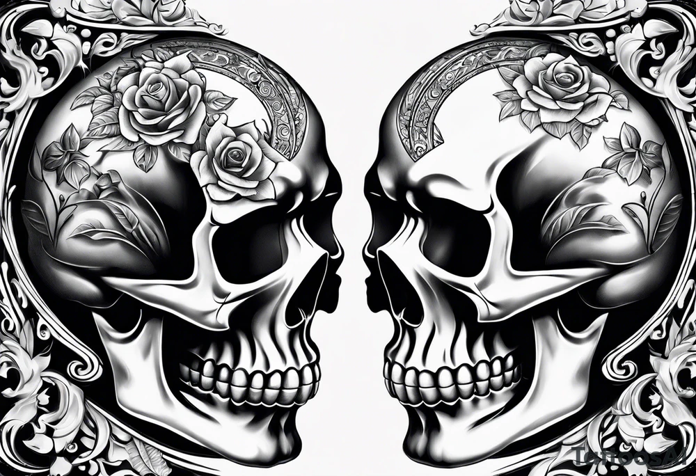 two skulls play Russian roulette as we kiss tattoo idea