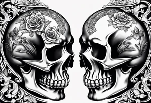 two skulls play Russian roulette as we kiss tattoo idea