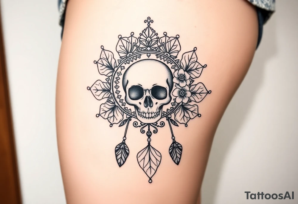 Mandala dream catcher lace with delicate skull and flowers wearing elegant crown tattoo idea