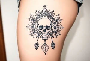 Mandala dream catcher lace with delicate skull and flowers wearing elegant crown tattoo idea
