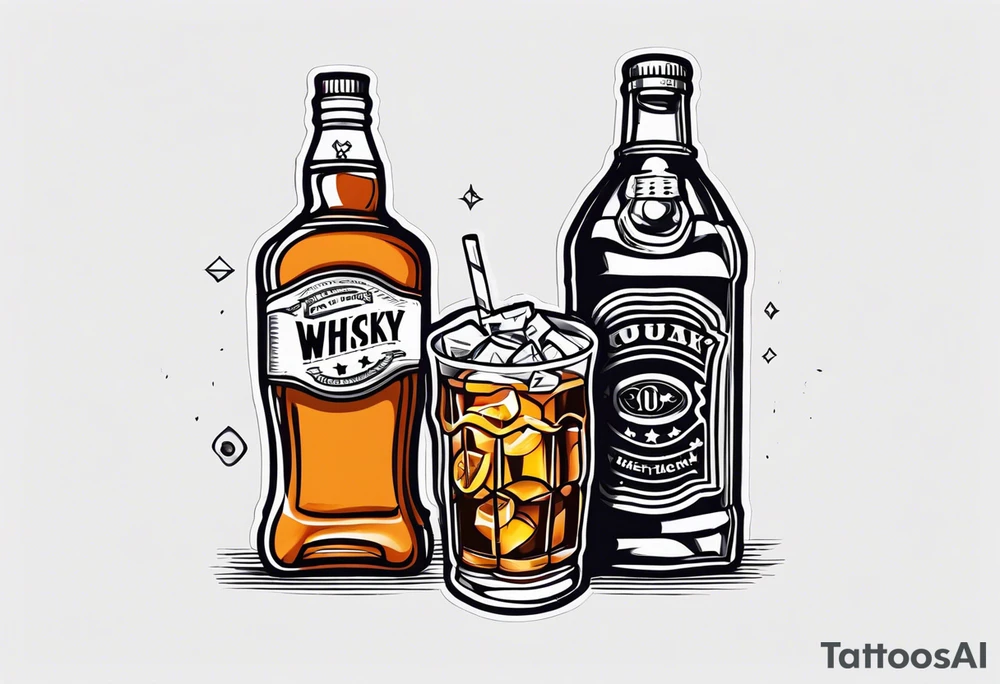 American traditional tattoo whiskey bottle and soda can tattoo idea