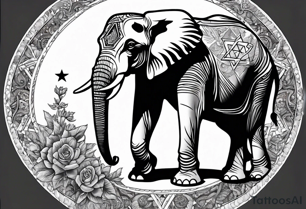 Delicate elephant holding Star of David in tip of trunk tattoo idea