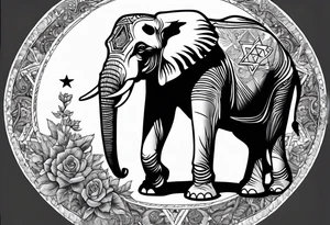 Delicate elephant holding Star of David in tip of trunk tattoo idea