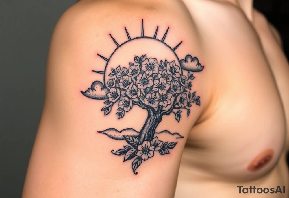 faded sun surrounding by clouds, big tree  blooming with flowers tattoo idea