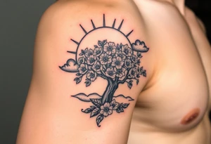 faded sun surrounding by clouds, big tree  blooming with flowers tattoo idea