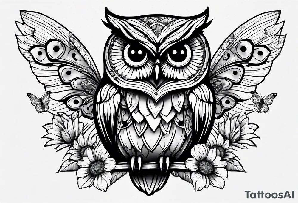 Small owl.with sunflowers and butterflies tattoo idea