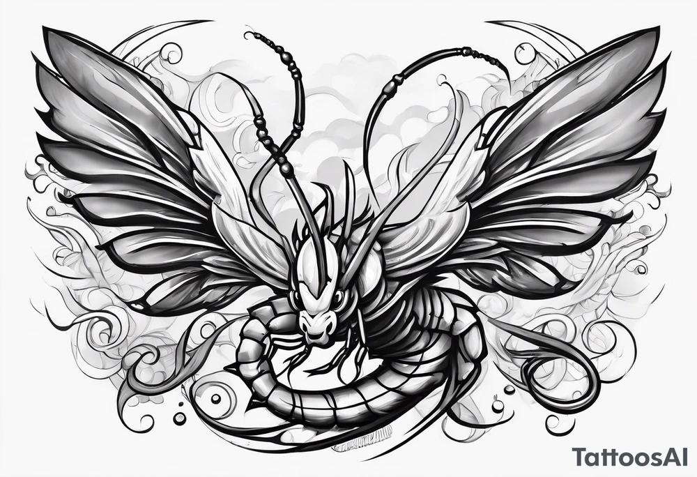 cartoon shrimp with a muscular superhero body flying through the air tattoo idea
