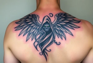 An angel of death in a cloak made of smoke, its wings swirling in the air in an ethereal gray and black, with bright green eyes peeking through. tattoo idea