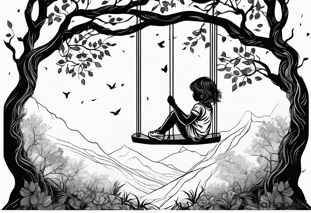 little girl swinging under a tree of life tattoo idea