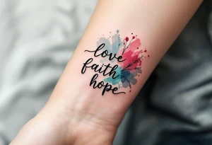 Clean black line text love faith hope with abstract watercolor bursts in wine red, indigo, and moss green. tattoo idea