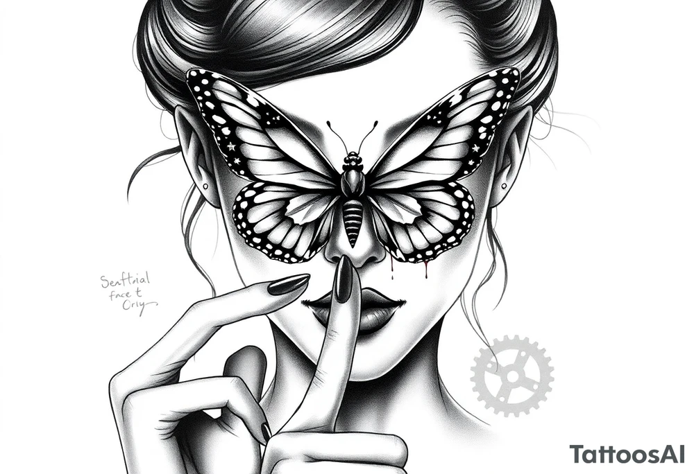 Black and grey realism tattoo design of a beautiful woman's face. And a butterfly landing g on her on the upper bridge of her nose so that the lower wings of the butterfly is covering both her eyes  the butterflys right lower wing is covering her right eye and the lower left of the butterfly wing is covering her left eye  (see no evil), with her left index finger is at her lips is shhh dont speak position (speak no evil). Her ears are dripping blood that is steaming down her neck and cheek. The style is black and grey realism, hyper-realistic, dark, and evil. Incorporate ninja gear elements and mechanical details (gears) subtly into the background or clothing for a gear ninja evil look. Design for a full forearm sleeve placement tattoo idea