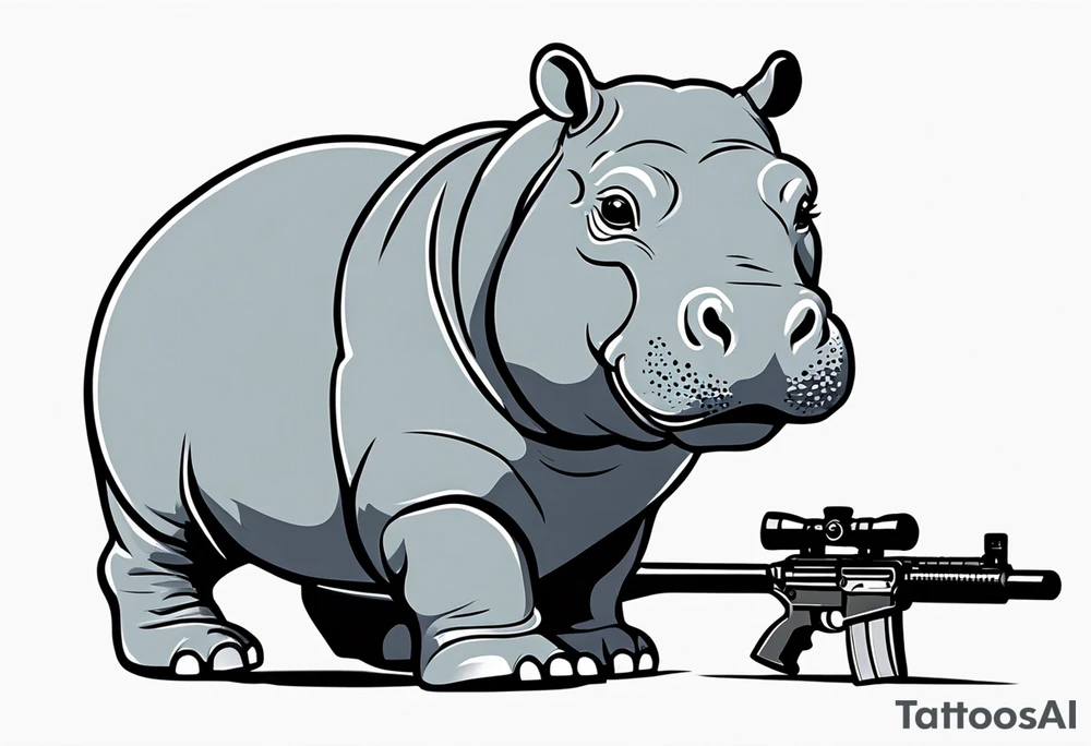 Baby hippo wearing a diaper and holding a sniper rifle tattoo idea
