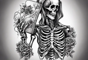 a skeleton holding his broken heart out in his hand tattoo idea