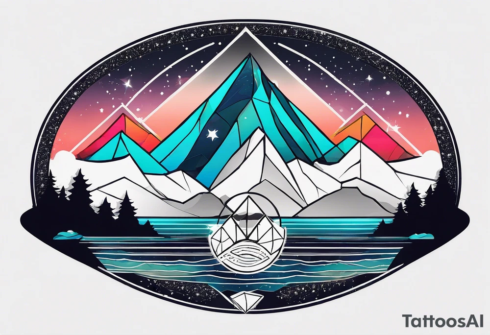 Mountain one Peak, sea waves, space with two littel coloured Stars, geometrical Forms, circle, diamond surrounding scenery with dashed lines overlapping tattoo idea