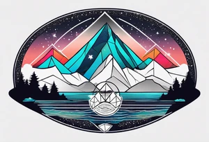 Mountain one Peak, sea waves, space with two littel coloured Stars, geometrical Forms, circle, diamond surrounding scenery with dashed lines overlapping tattoo idea