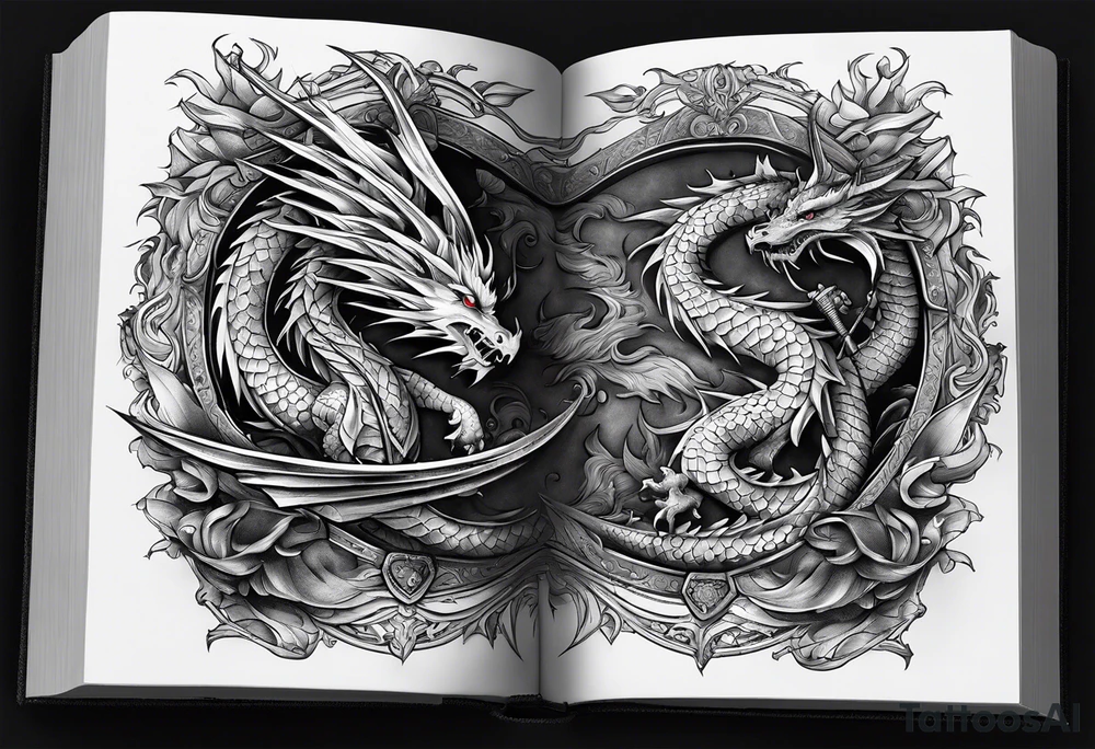 an open book with a sword through it, dragons and sparks surrounding the book tattoo idea