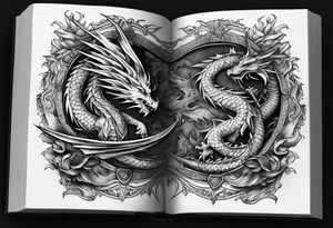 an open book with a sword through it, dragons and sparks surrounding the book tattoo idea