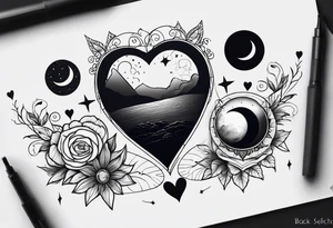 In the middle, there's a heart and behind it, a scar. On the right side of the heart, a sun, while on the left side, a moon. tattoo idea