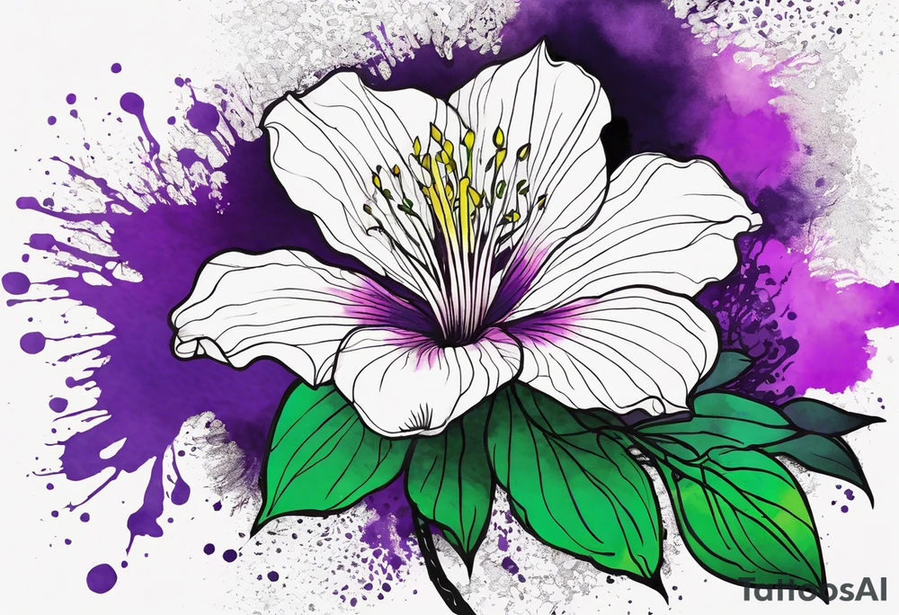 A mystical outline of a rio dipladenia flower and a green and purple watercolor splash in the background tattoo idea