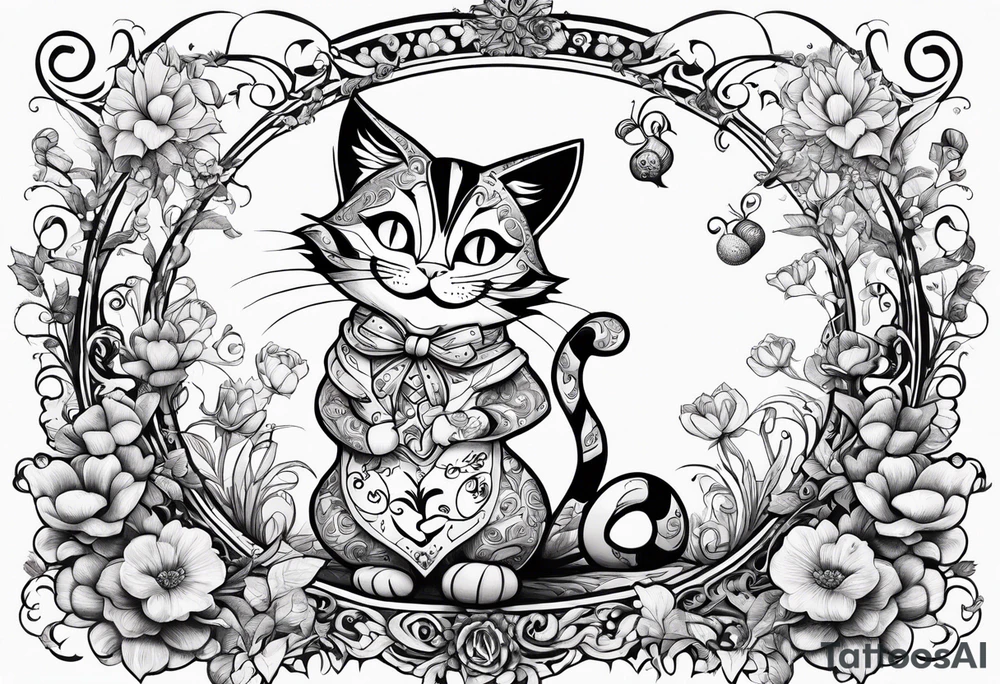 alice in wonderland dancing among magical flowers tim burton style cheshire cat tattoo idea