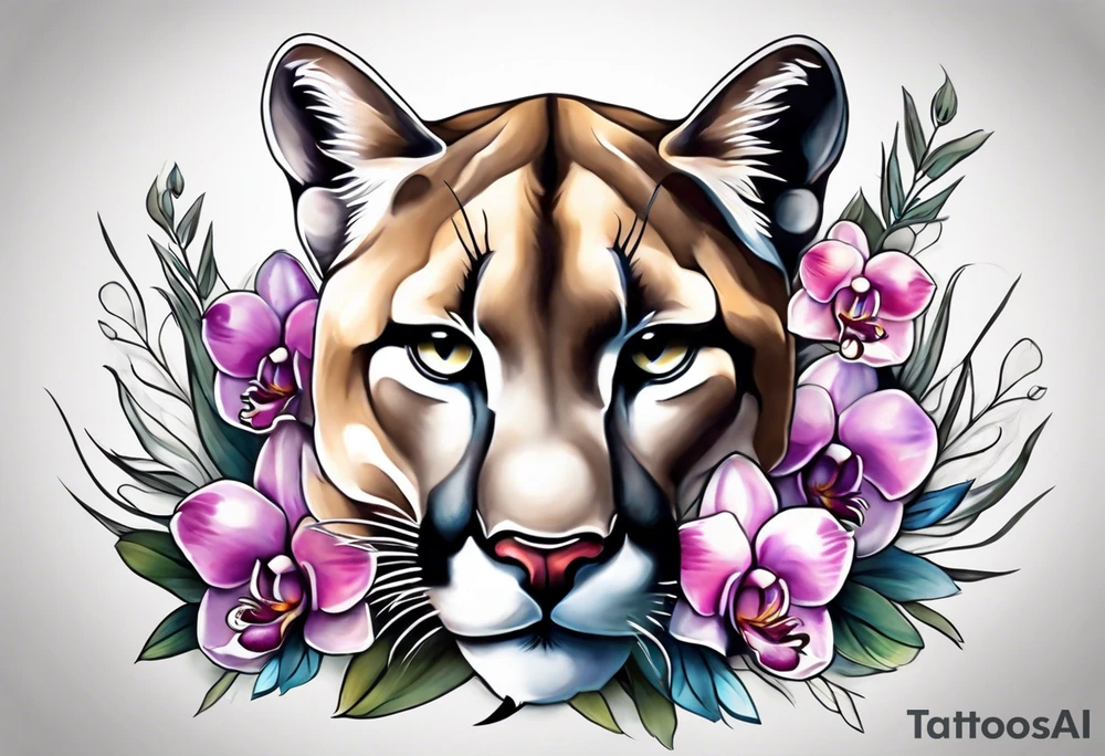 Mother mountain lion with 2 cubs and orchids tattoo idea