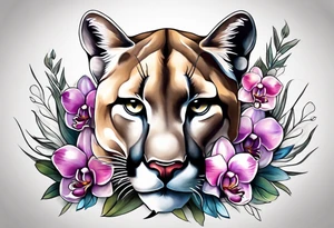 Mother mountain lion with 2 cubs and orchids tattoo idea