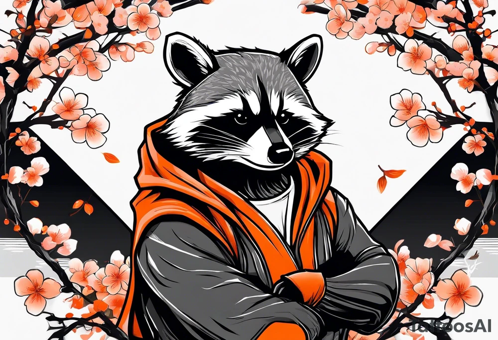 Raccoon wearing a white Superman logo on a black hoodie and orange Japanese cherry blossoms tattoo idea