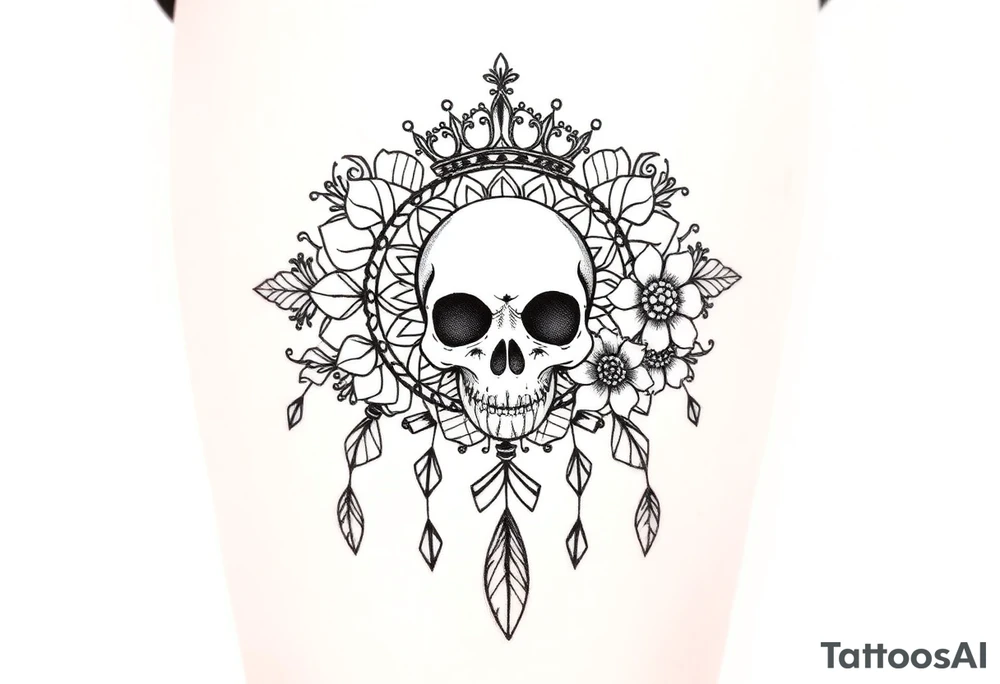 Mandala dream catcher lace with delicate skull and flowers wearing elegant crown tattoo idea