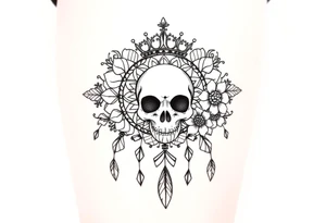 Mandala dream catcher lace with delicate skull and flowers wearing elegant crown tattoo idea