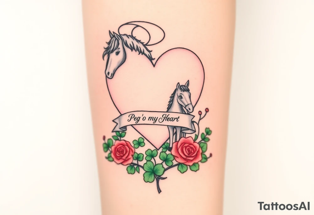 a big pale pink heart and a mare with wings and a halo and a colt in a field of green shamrocks, and red roses with a banner across the heart that says Peg 'o My Heart tattoo idea